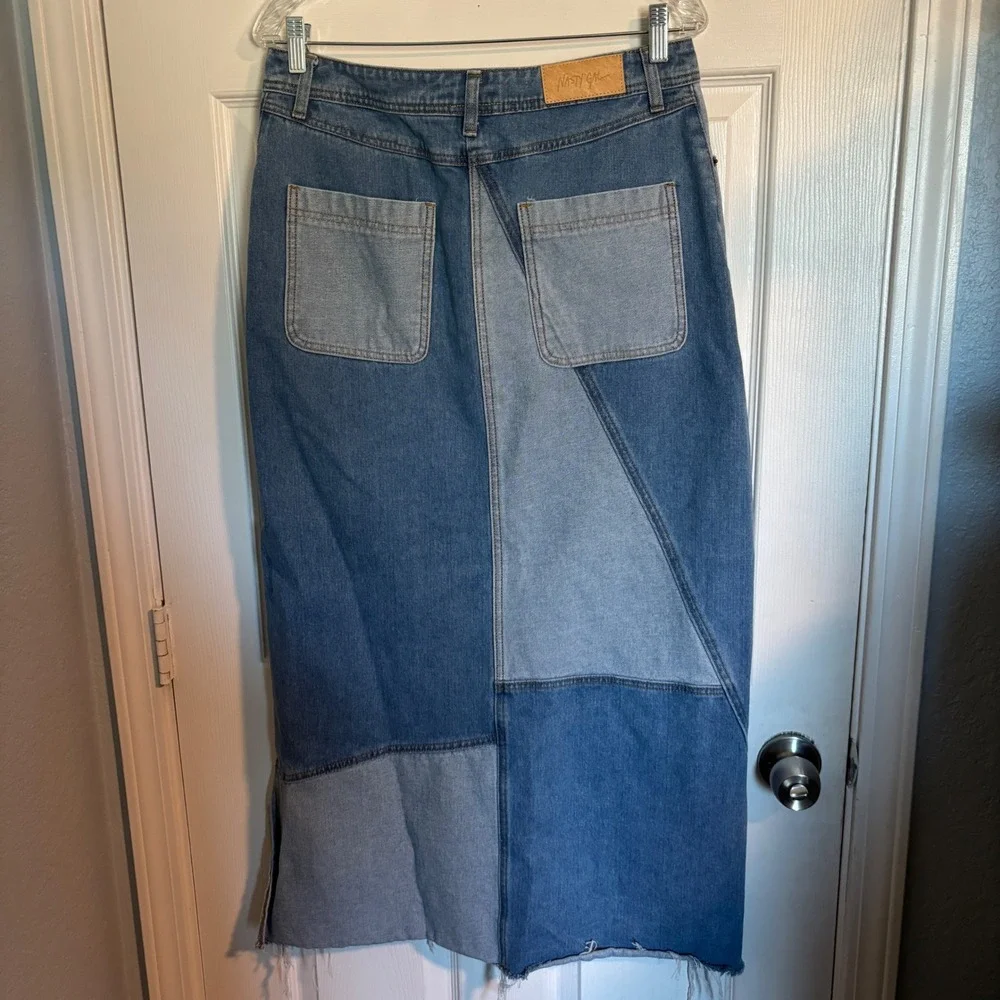 Nasty Gal Boho Western Festival Patchwork Denim Raw Hem Side Slit Midi Skirt 10 - Picture 4 of 15